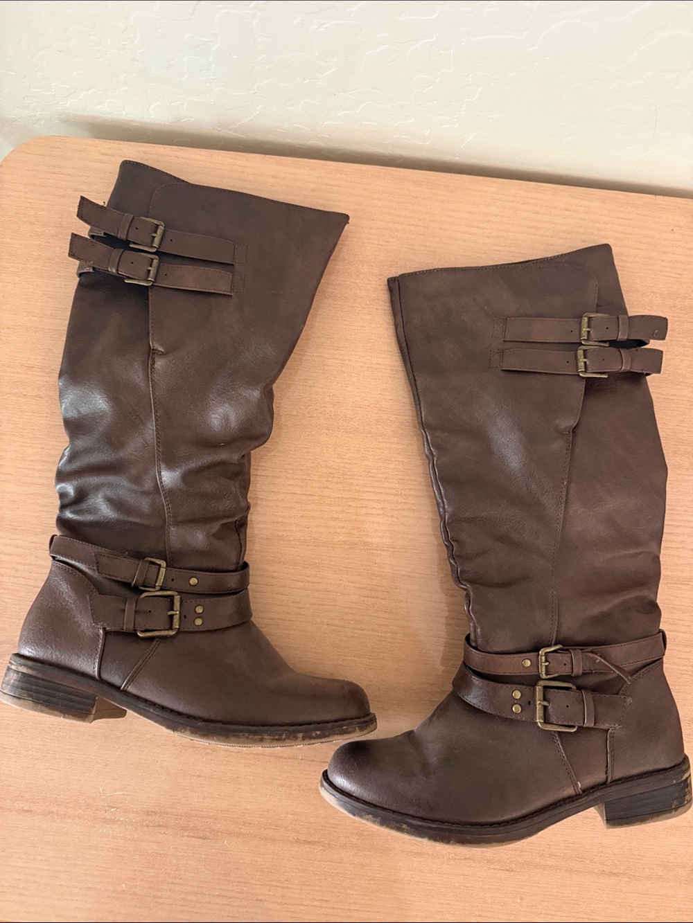 XOXO Women's Brown Buckle Mid-Calf Lace Up Boots